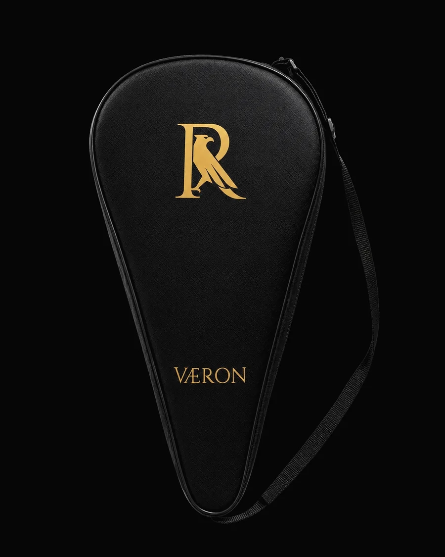 Black VÆRON racket bag with gold monogram and wordmark